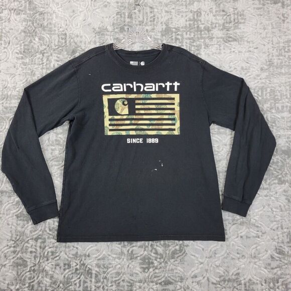 Carhartt T-Shirt Men's Medium Black Long Sleeve Flag Relaxed Fit Made in USA - Picture 1 of 13